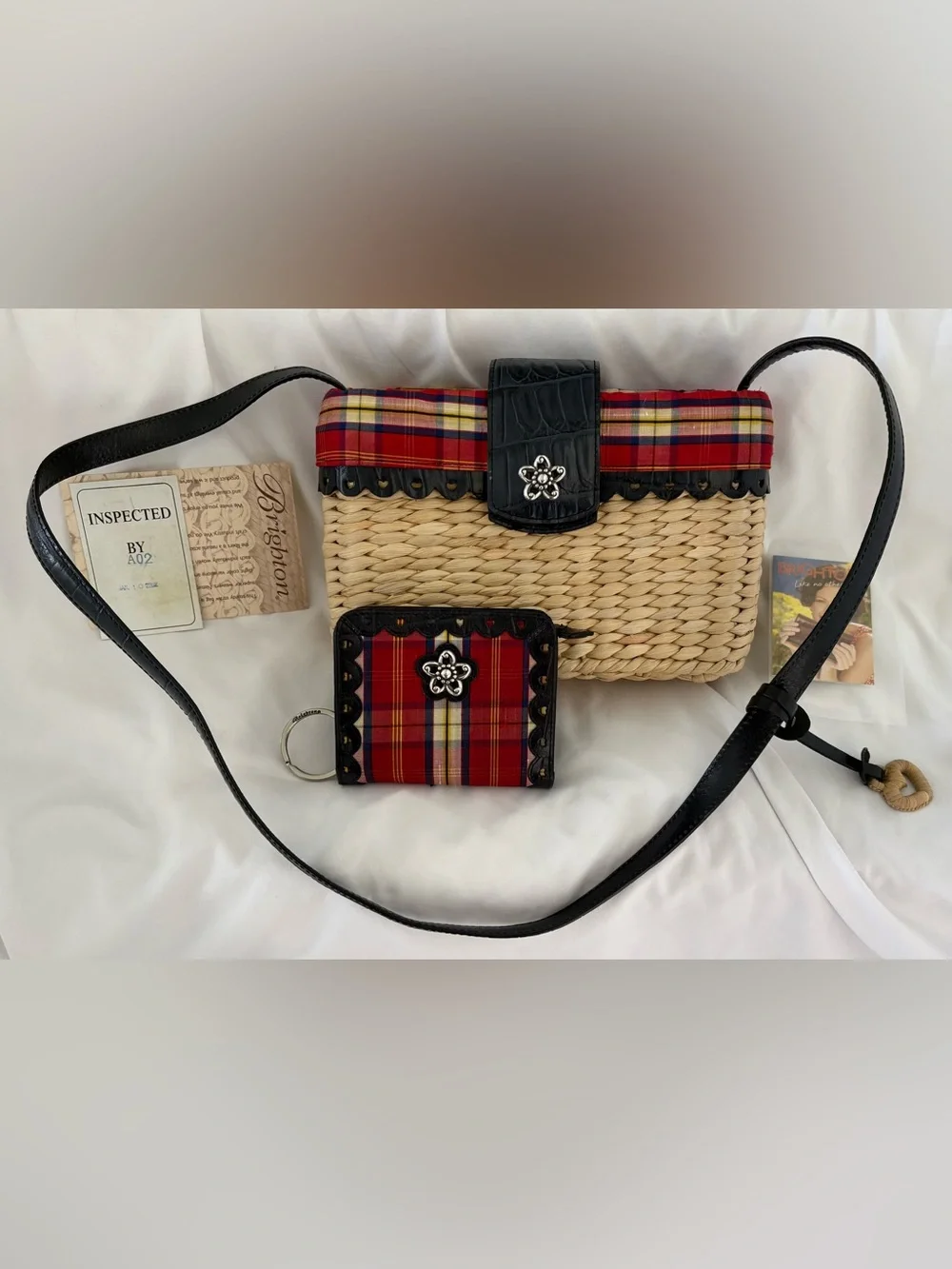BRIGHTON LEATHER - PLAID - STRAW PURSE W/ MATCHING WALLET SET POPPY WOW! GREAT!